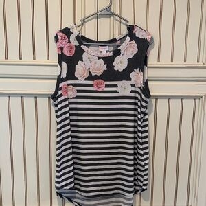 LuLaRoe Black Striped Tank with Pink Rose Print